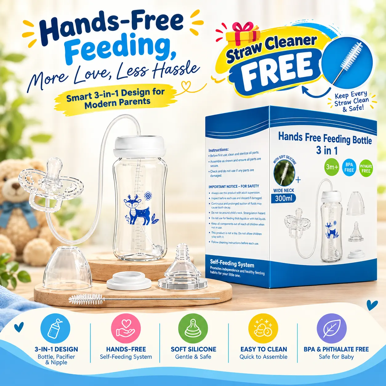 3 in 1 Hands Free Baby Feeding Bottle